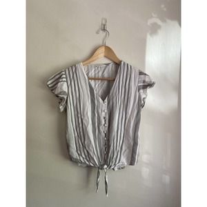 Sim & Sam Short Sleeve Button Down Shirt Small Womens White Grey Top Tie Bridal